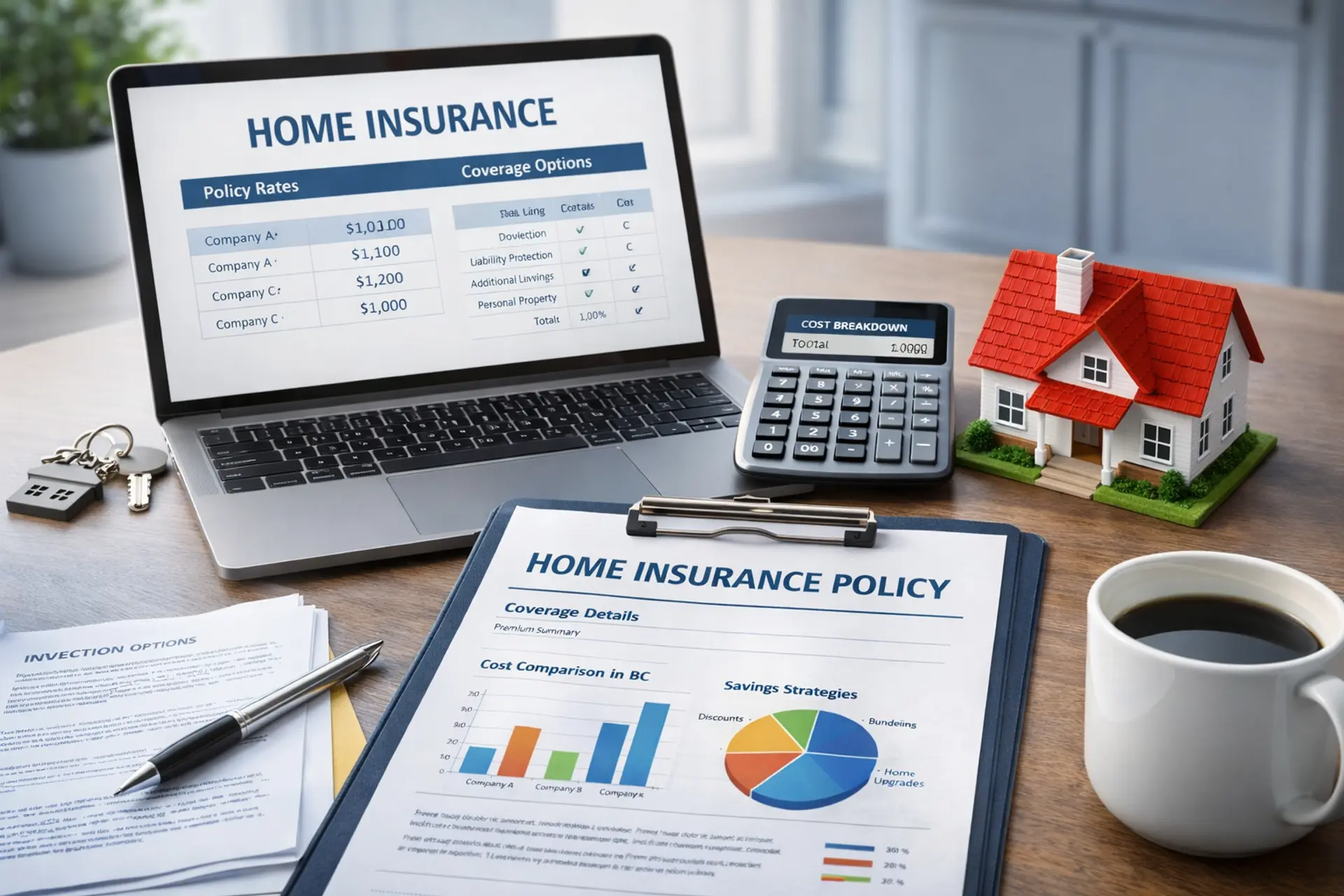Home insurance policy documents with calculator and house model on a desk, BC insurance cost comparison