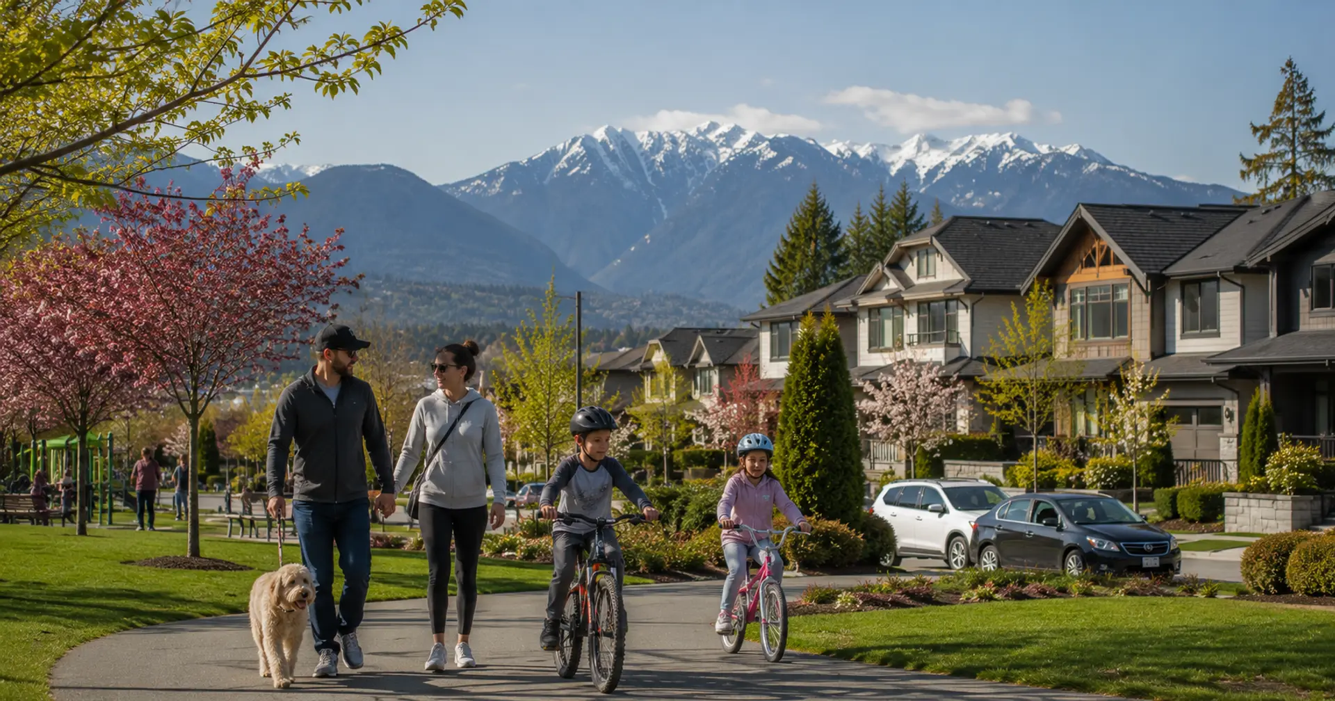 Family walking in a suburban park in British Columbia